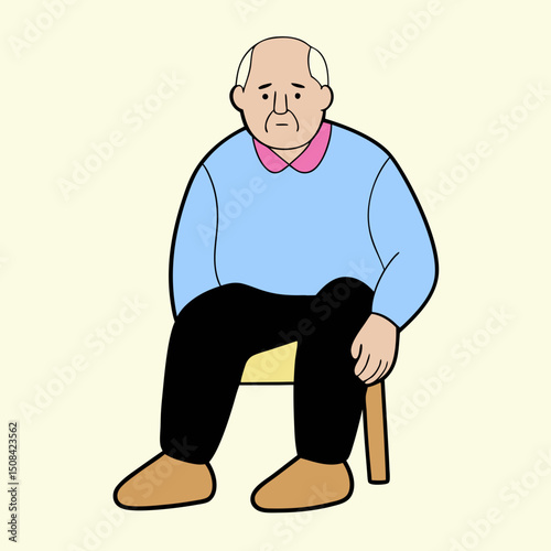 A sad elderly man sitting on a chair, looking down with a thoughtful and lonely expression. The illustration conveys feelings of solitude and melancholy in senior life.