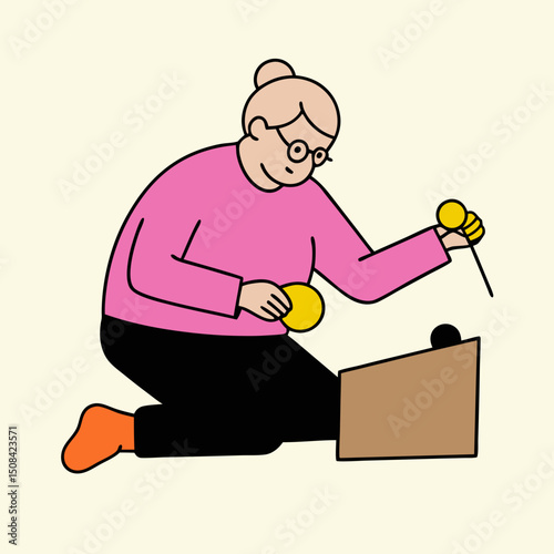 An elderly woman playing the xylophone, focused on her musical activity. This illustration emphasizes creativity, engagement, and joy in senior hobbies.