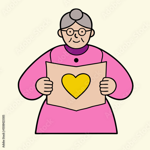 An elderly woman holding a card with a heart symbol, representing love, kindness, and emotional connection in senior life.