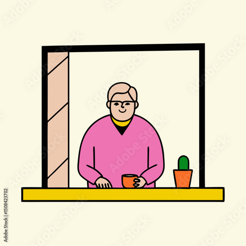 Elderly man sitting by window holding cup, wearing pink sweater and glasses, enjoying quiet moment indoors with peaceful atmosphere