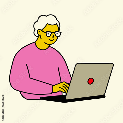 An elderly man working on a laptop with focused attention, representing digital literacy, learning, and active senior engagement in technology.