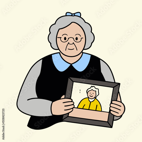 An elderly woman holding a framed photo, smiling gently, symbolizing memories, family love, and connection across generations in senior life.