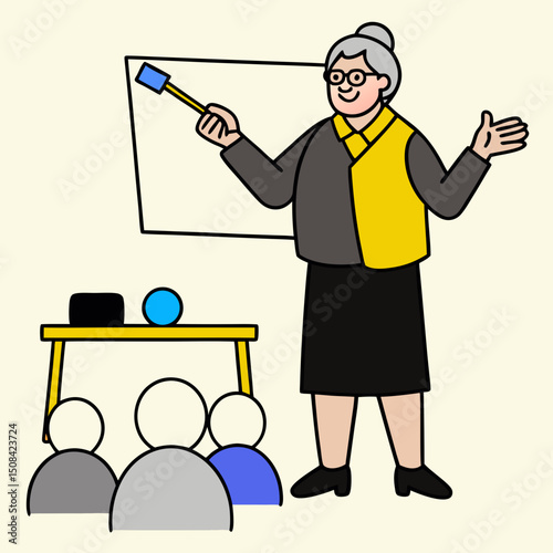 An elderly woman standing and teaching a class, pointing at a whiteboard, representing knowledge sharing, education, and active senior involvement.