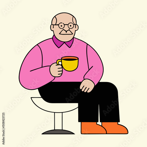 An elderly man sitting comfortably and drinking tea from a cup, conveying relaxation, warmth, and peaceful moments in senior life.
