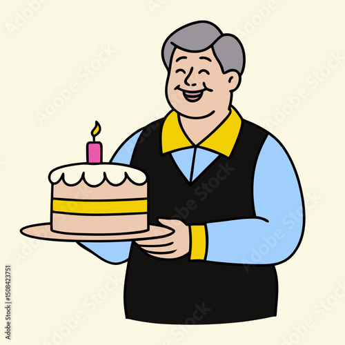 An elderly man smiling and holding a birthday cake with one candle, celebrating a special occasion with joy. The image represents happiness, celebration, and senior milestones.