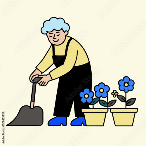 An elderly woman gardening, planting flowers in pots while wearing an apron and boots. The image highlights nature, hobbies, and active senior lifestyle in a simple style.