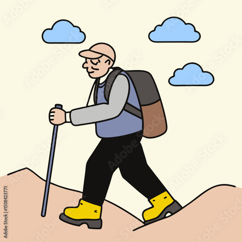 An elderly man hiking outdoors, equipped with a walking stick, backpack, and cap. The image symbolizes health, adventure, and an active senior lifestyle in nature.
