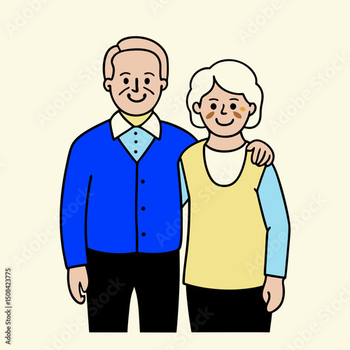 An elderly couple smiling warmly with the man’s arm around the woman, showing affection, companionship, and happiness in their senior years. Simple, friendly illustration.
