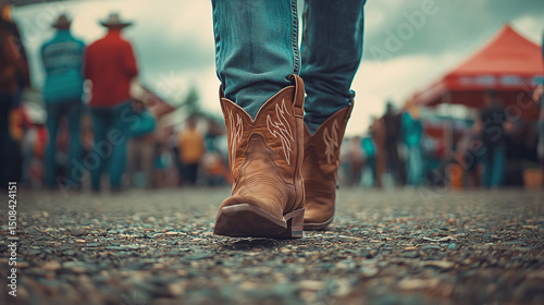 Person in jeans and brown cowboy boots walking amidst a blurred crowd at an outdoor event Calgary Stampede Festival