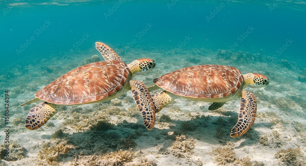 Fototapeta premium Two Majestic Sea Turtles Gracefully Swimming in a Vibrant Coral Reef