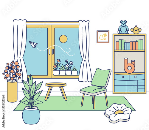 観葉植物のあるインテリアの部屋のカラーイラスト
