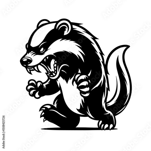 Fototapeta Angry Honey Badger Mascot Logo Vector Illustration Design Black and White Version