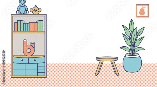 飾り棚と椅子と観葉植物のある部屋のカラーイラスト
