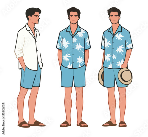 A man is wearing a beach shirt on a summer vacation, vector set