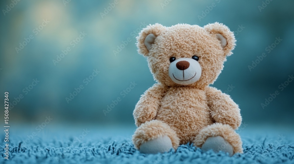 Fototapeta premium A charming teddy bear smiles softly on a cozy rug, evoking comfort and childhood joy in a peaceful setting