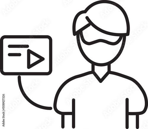 Person wearing mask with media icon, indicating communication or content creation. image is simple black and white line drawing