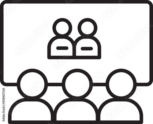 Group of people watching presentation on screen, featuring two figures. image is in simple, black and white line art style, conveying sense of communication and learning