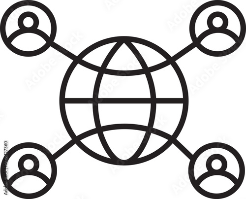 Globe with connected people icons represents global communication and networking. simple line art style emphasizes connectivity and interaction across world
