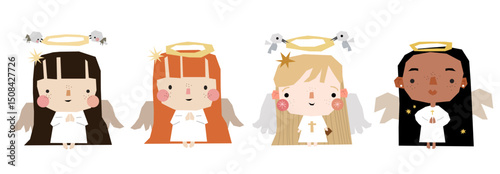 Cute angel child vector kid characters for wedding, easter, christianity symbol. Praying peace girl illustrations set. Cartoon bible adorable christmas 