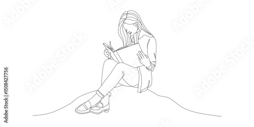 Girl Reading a Book Outdoors – Minimal Line Art Illustration

