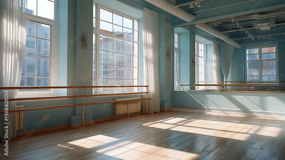 Fototapeta premium Empty Studio with Large Windows and Sunlight Streaming in
