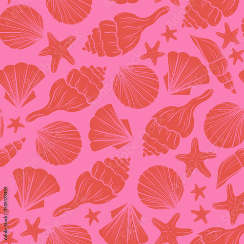 Bright vector seamless pattern with hand-drawn seashells and starfish in bold pop art style in vibrant pink and orange for marine designs, summer packaging, textiles, beach projects, branding, etc.