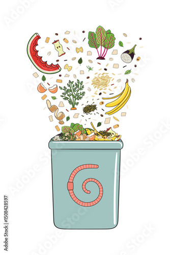 Bin for vermicomposting with falling kitchen scraps, fruits and vegetables. No food wasted. Recycling organic waste, compost. Sustainable living, zero waste concept. Hand drawn vector illustration