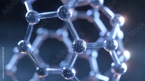 Close-up view of a complex molecular structure featuring metallic, reflective spherical nodes interconnected by slender, rod-like bonds, forming intricate geometric lattice patterns with hexagonal and