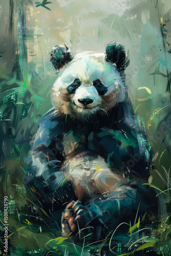 Acrylic colour painting of happy panda sit in forest, Illustration animal poster