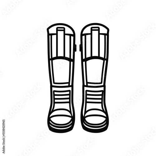 Two black outlined rubber boots stand parallel against a white transparent background