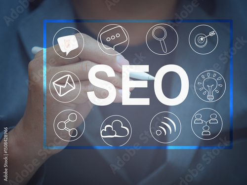 Focus on businessman's finger using AI target icon. Website SEO for search engine ranking or SEO search target on virtual screen. Artificial intelligence data technology.