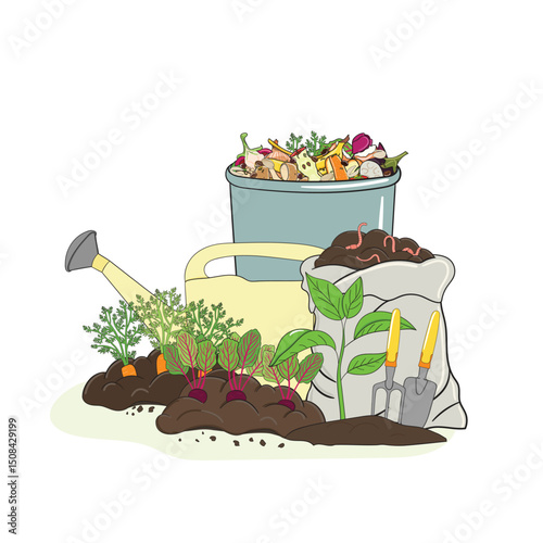 Illustration of compost bin and gardening tools. Recycling organic waste. Sustainable agriculture concept. Hand drawn vector illustration