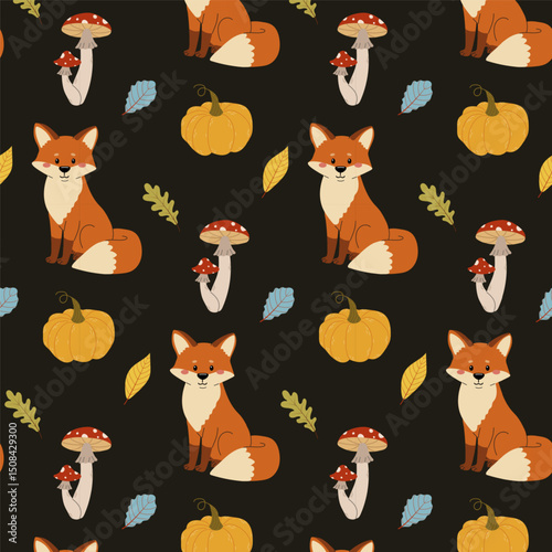Autumn seamless pattern with cute fox and leaves on a black background. Design for children's clothing, textiles, wrapping paper, notepads and notebooks