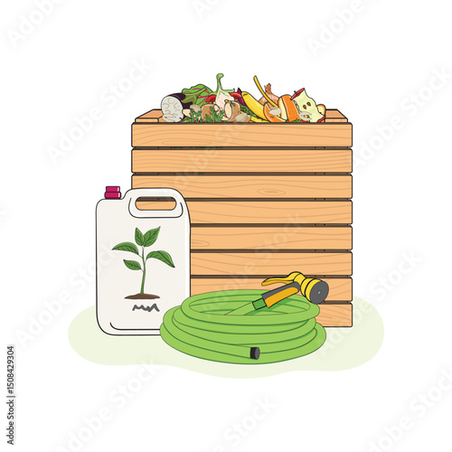 Illustration of compost bin and gardening tools. Recycling organic waste. Sustainable agriculture concept. Hand drawn vector illustration