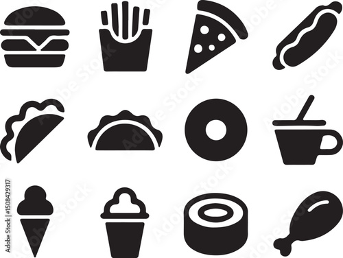 Fast food icons set black glyph style