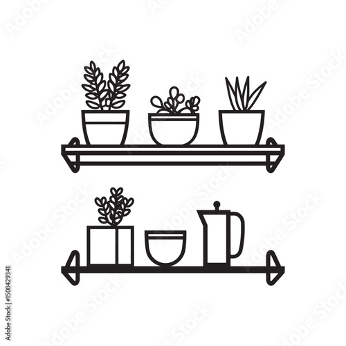 Two black shelves are holding plants and a coffee pot on transparent background