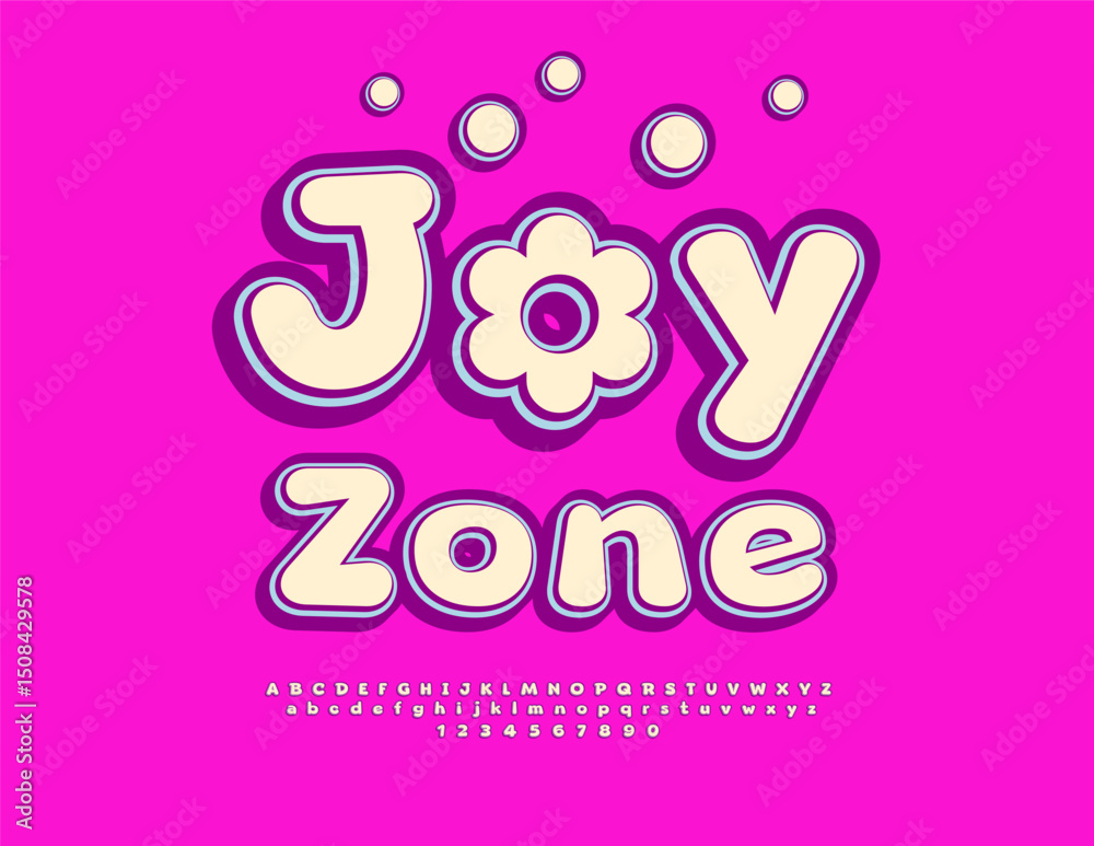 Fototapeta premium Vector Holiday poster Joy Zone with Creative Element. Cute Kids Font. Bright Cartoon style Alphabet Letters and Numbers set.