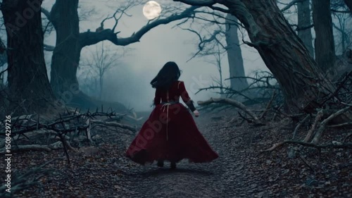 A pale girl flowing black hair runs barefoot fog-choked, forest. deep red velvet gown drags. Old trees faces hidden in bark. Gothic fairytale horror. Fog dances Back view. Lantern light glows. Rain