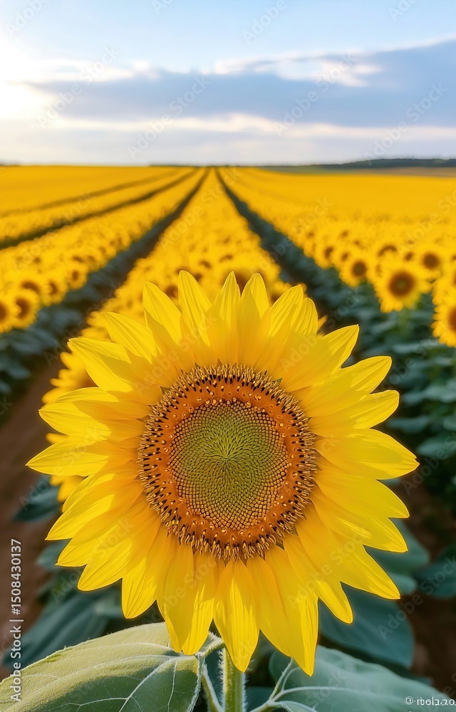 Obraz premium Aerial view vast sunflower field golden blooms
