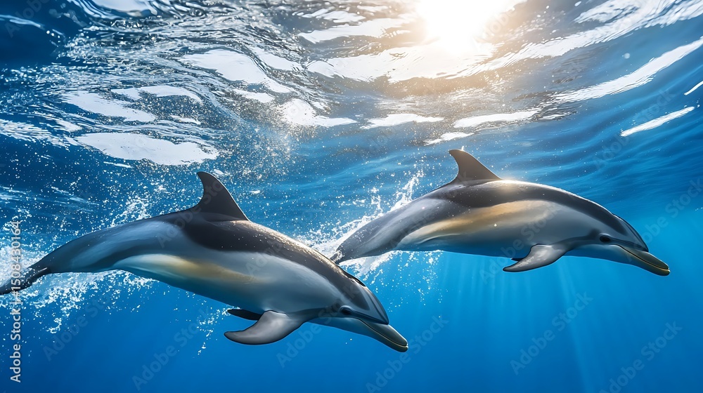 Fototapeta premium Dolphins flipping playfully in ocean swells under a glowing midday sun, with the bright blue water filled with light and glinting highlights.