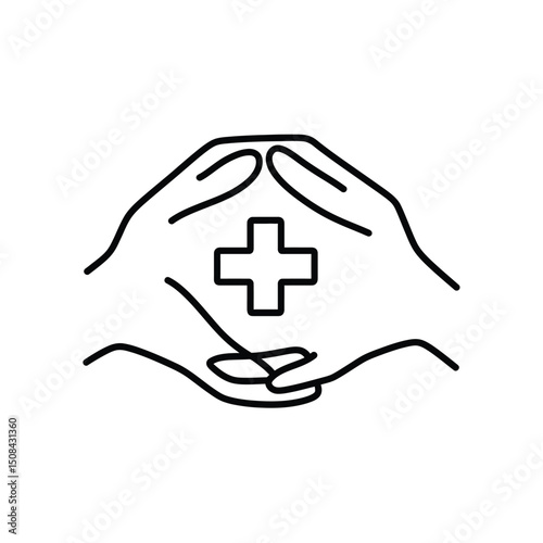 Two hands gently protect a medical cross, showing safety and care on transparent background