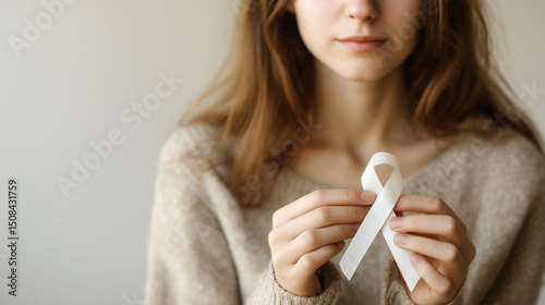 young woman gently holding a white ribbon in her hands, soft expression of hope