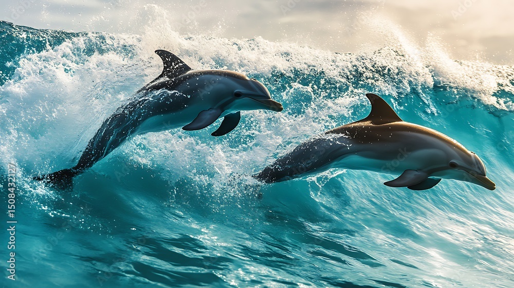 Naklejka premium Dolphins racing just below the surface of transparent aqua waves, with splashes trailing behind them and light refracting through the water onto their backs.