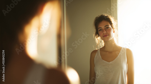woman looking at herself in a mirror, confident gaze, soft lighting and blurred background