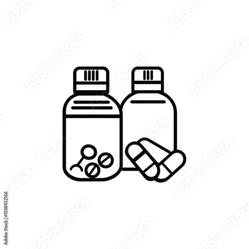 Two monochrome bottles display medicine pills and capsules on a transparent background