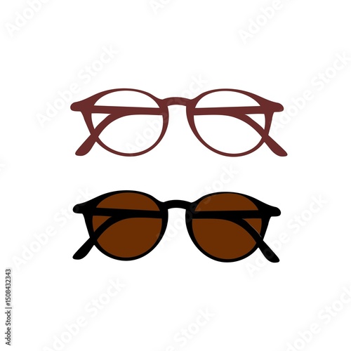 Two pair of glasses, one for eye correction with transparent glass, second for sun protection with dark glass. design elements, isolated on white background