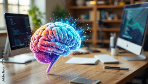 create a pastel style, multi exposure image of a sketch depicting a brain with a hologram overlay in the background