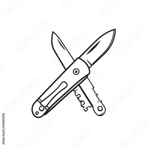 Two open pocket knives create an X shape on a transparent background here