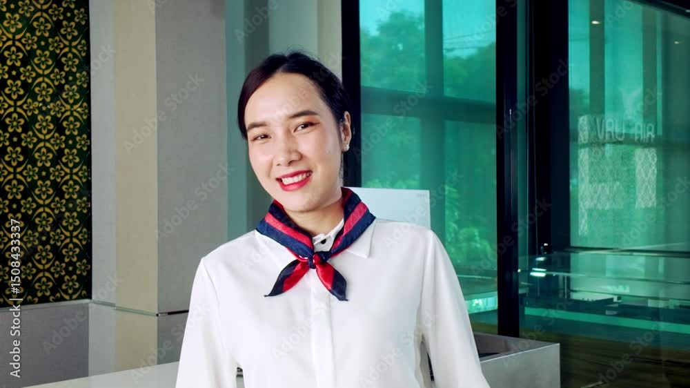 Smiling female ground staff at airline check-in counter, wearing uniform and scarf, ready to assist passengers with boarding passes and travel services in a modern airport environment.