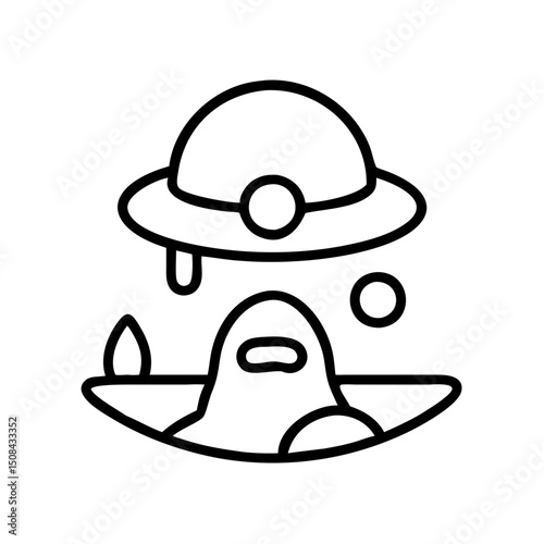 Alien world icon with a spaceship and landscape in black outline  